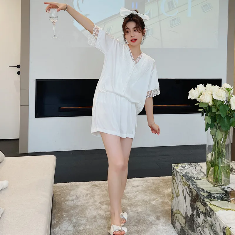 V-Neck Sleepwear Satin Lady 2PCS Pj's Sets Women Outfits Summer Pajamas Full Slip Lace Nightwear Intimate Lingerie With Buttons 
V-Neck Sleepwear Satin Lady 2PCS Pj's Sets Women Outfits Summer Pajamas Full Slip Lace Nightwear Intimate Lingerie With Buttons