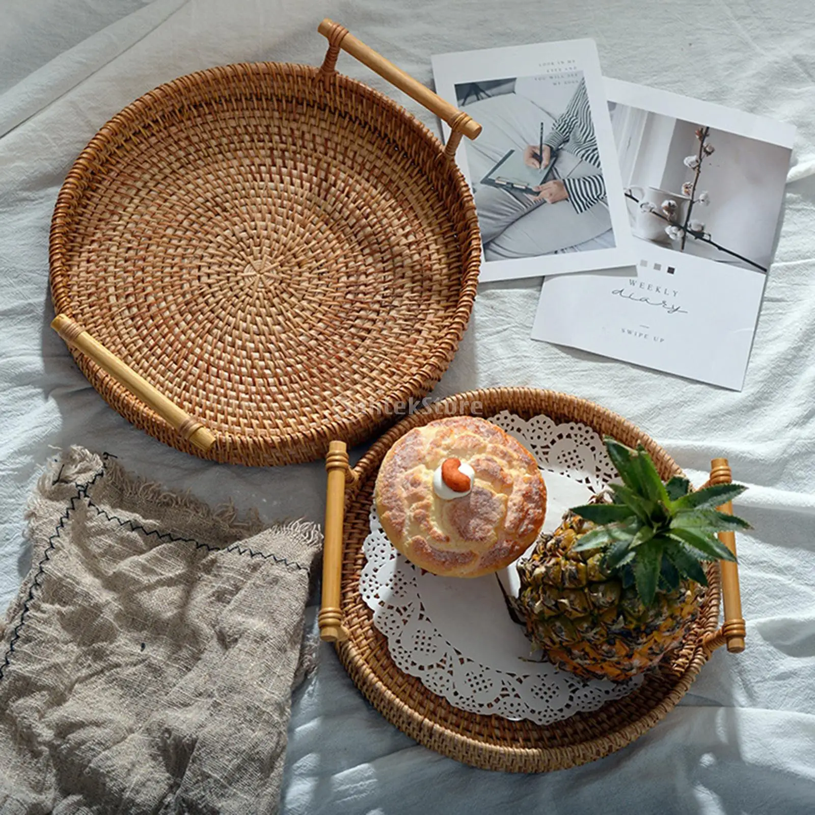Round Rattan Woven Basket Serving Tray with Handles Tea Display Coffee Table