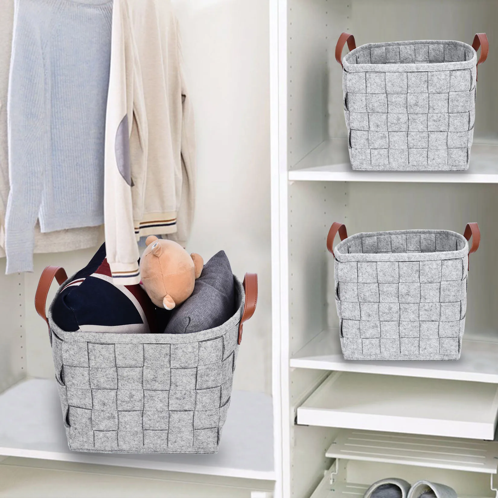 

Felt Storage Bag Home Laundry Organisers with Handle for Dormitory Hand-knitted Sundries Storage Baskets for Clothes Toy