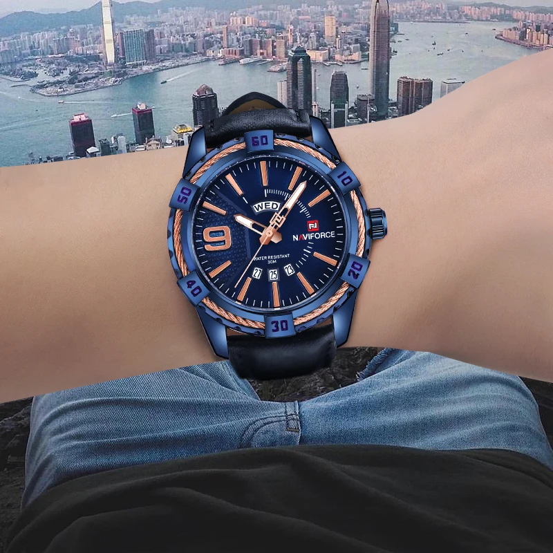 

NAVIFORCE Luxury Brand Men Watches Military Sports Quartz Analog Date Week Luminous Hands Clock Blue Leather Strap Wristwatch