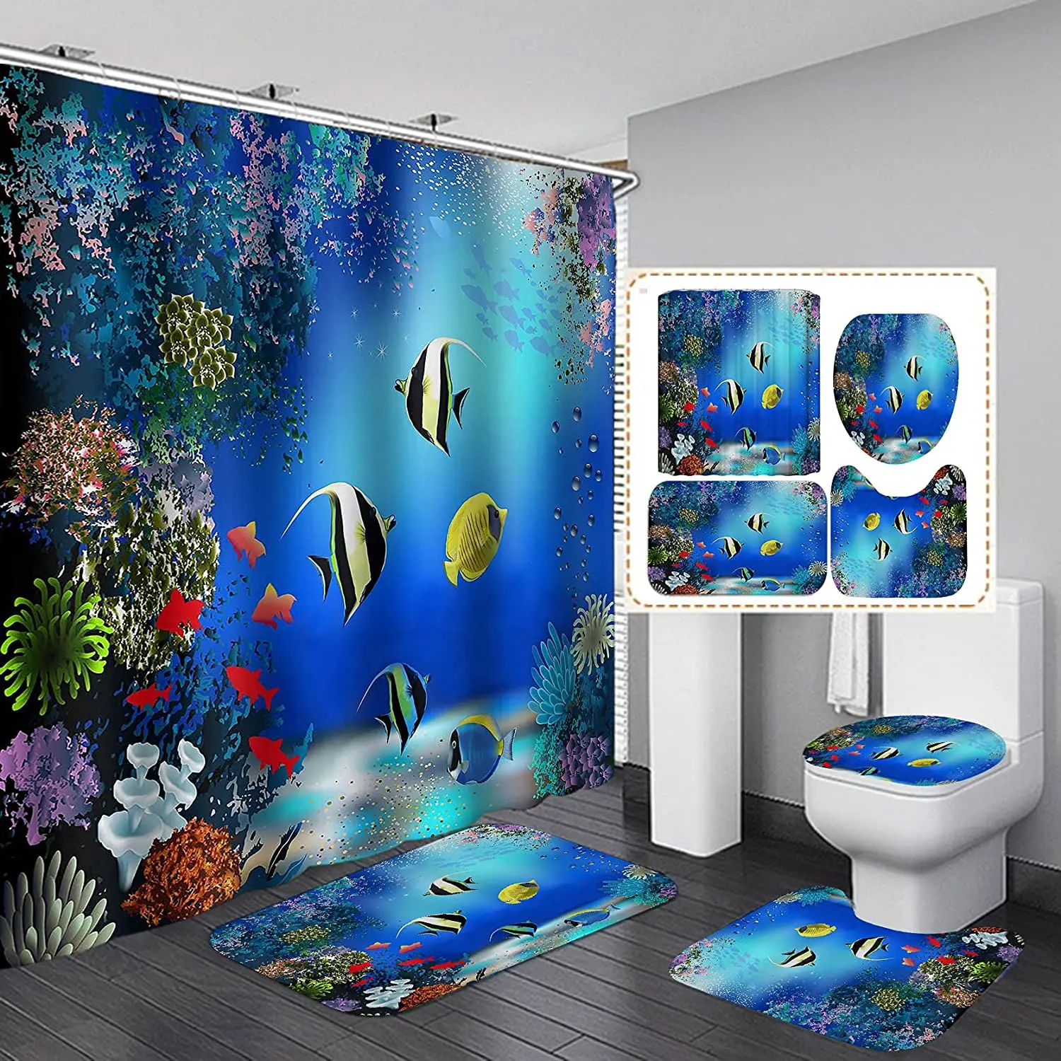 Tropical Fish Print Shower Curtain Set Carpet Cover Toilet Cover Bath Mat Pad Set Bathroom Curtain With 12 Hooks Home 
Tropical Fish Print Shower Curtain Set Carpet Cover Toilet Cover Bath Mat Pad Set Bathroom Curtain With 12 Hooks Home