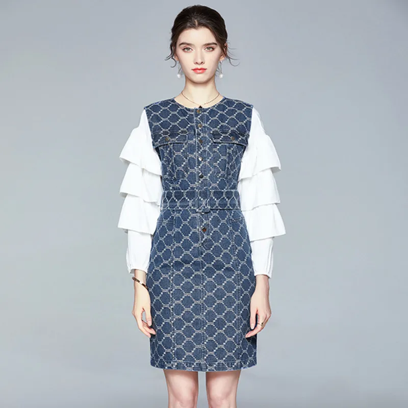 New Designer 2021 Women French Vintage 2 Piece Set Ruffles Sleeve Blouses Top And Sleeveless Denim Plaid Tank Dress Suit
New Designer 2021 Women French Vintage 2 Piece Set Ruffles Sleeve Blouses Top And Sleeveless Denim Plaid Tank Dress Suit