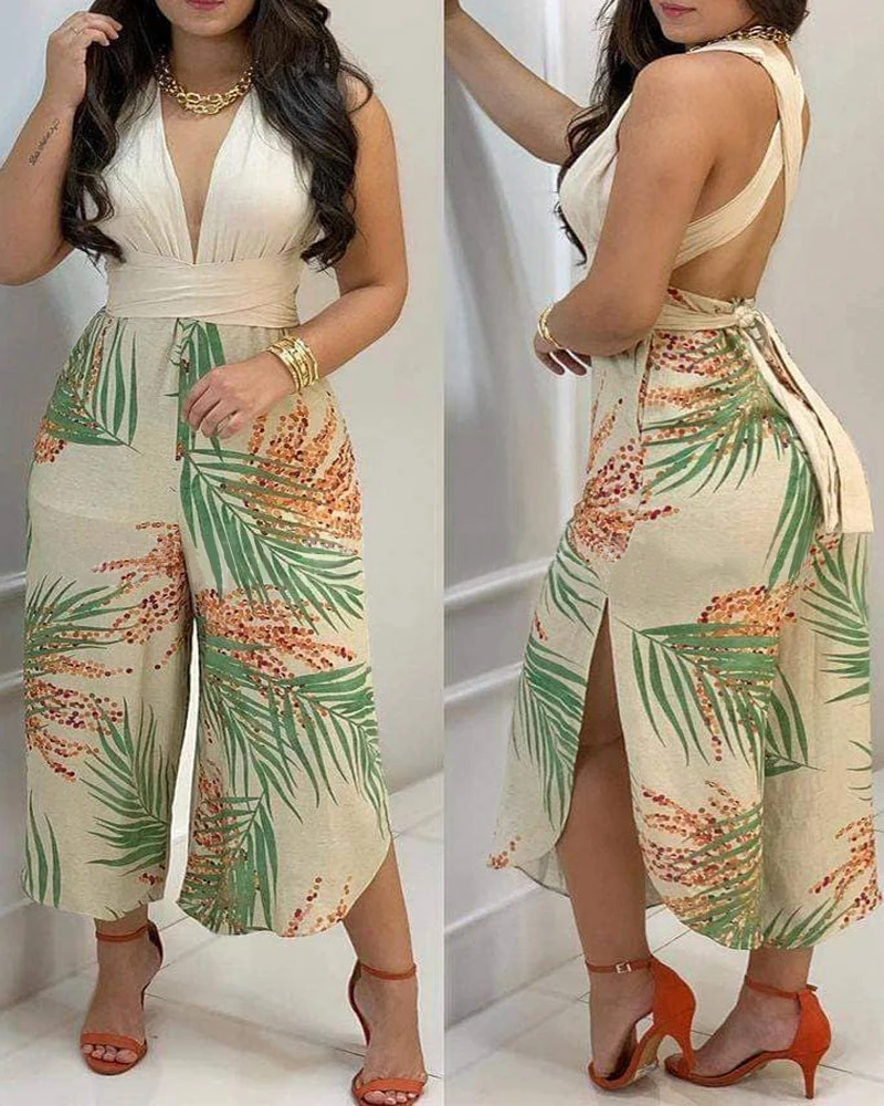 Backless Jumpsuit Women With Belt Deep V-Neck Sleeveless Jumpsuit Leaf Print Sexy Lace Up Slit Rompers
Backless Jumpsuit Women With Belt Deep V-Neck Sleeveless Jumpsuit Leaf Print Sexy Lace Up Slit Rompers
