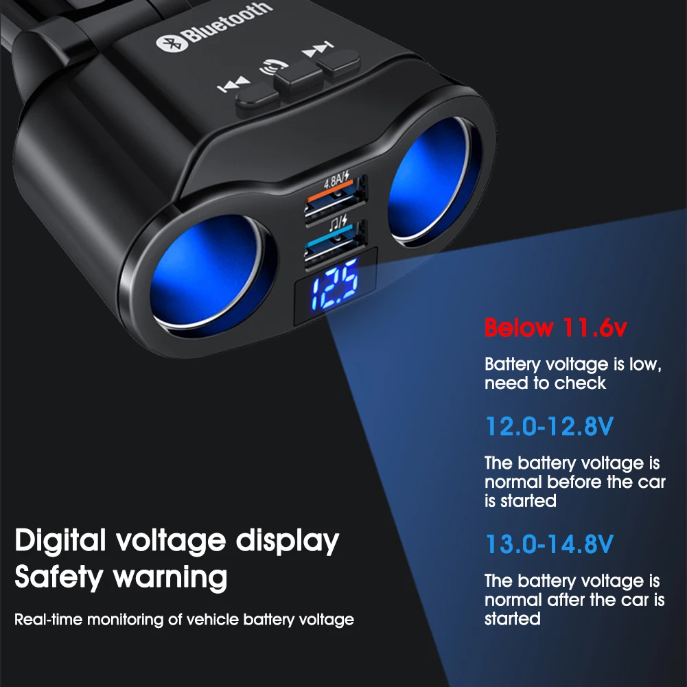 Auto Cigarette Lighter Splitter 90W 12V/24V Bluetooth USB Car Charger 2 Sockets LED Voltage Display For IPhone IPad Phone DVR
Auto Cigarette Lighter Splitter 90W 12V/24V Bluetooth USB Car Charger 2 Sockets LED Voltage Display For IPhone IPad Phone DVR