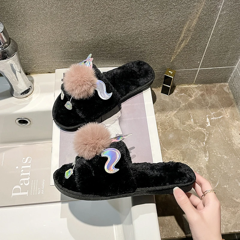Hairy Slippers Women's Candy House Slippers Color Autumn Winter New Style Open-toe Slippers for Outer Wear Wool Cotton Slippers 
Hairy Slippers Women's Candy House Slippers Color Autumn Winter New Style Open-toe Slippers for Outer Wear Wool Cotton Slippers