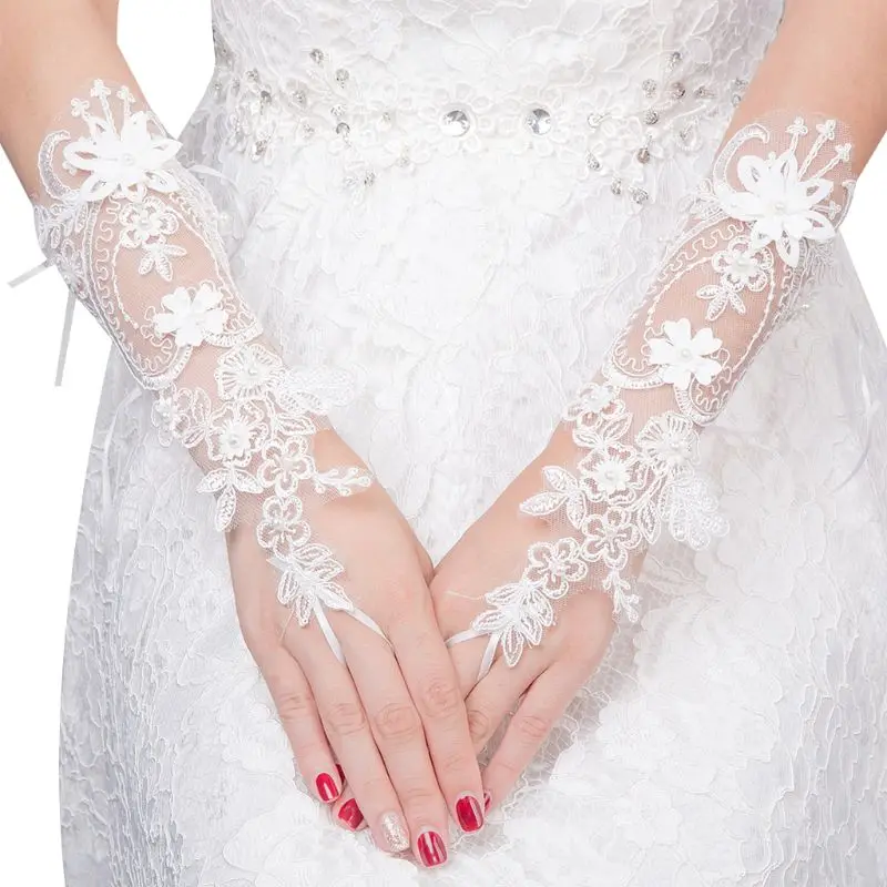 

Женские свадебные перчатки без пальцев, кружевные варежки из искусственного жемчуга с цветочной аппликацией и бантом, новинка 2021