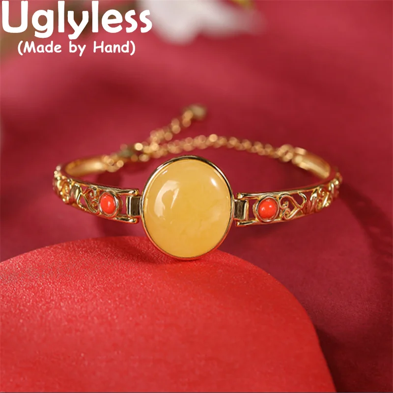 

Uglyless Luxury Palace Design Natural Agate Amber Bracelets for Women Hollow Gold Bangles 925 Silver Gemstones Beeswax Bracelets