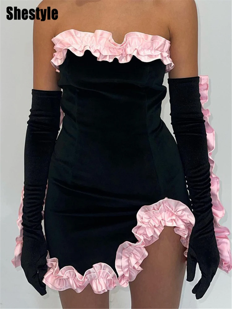 Shestyle Off Shoulder Ruffles Strapless Dresses Women Ruffles Slash Neck Sheath Asymmetrical Black Sleeve Gloves Outifts Fashion
Shestyle Off Shoulder Ruffles Strapless Dresses Women Ruffles Slash Neck Sheath Asymmetrical Black Sleeve Gloves Outifts Fashion