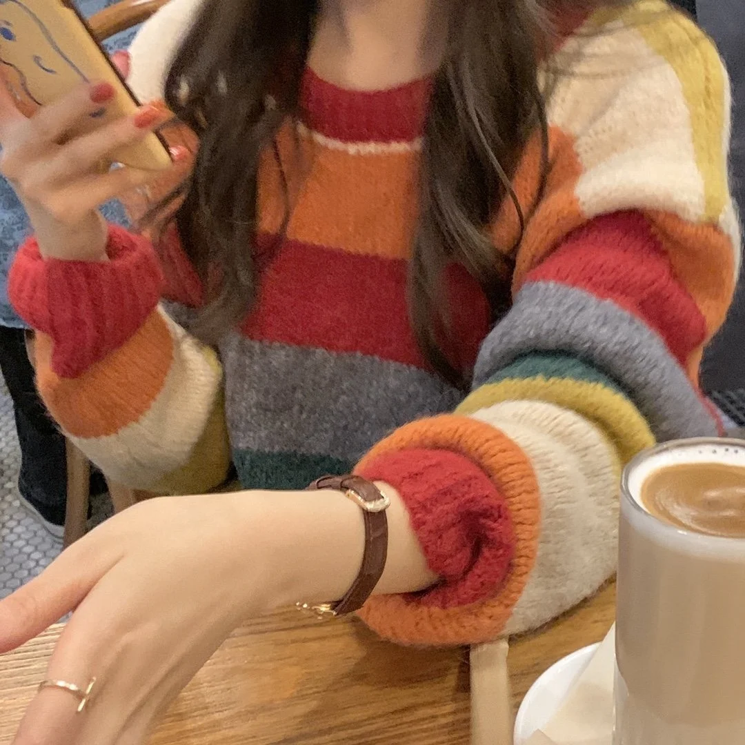 Autumn and winter rainbow stripe sweater women's Pullover loose outer wear Korean lazy aging color sweater top 9688
Autumn and winter rainbow stripe sweater women's Pullover loose outer wear Korean lazy aging color sweater top 9688