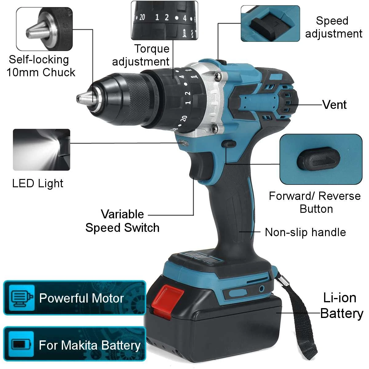 

520N.M 13mm Brushless Cordless Drill 20 Torque Electric Drill Screwdrive Impact With 4000rpm Lithium-Ion Battery 3 Function