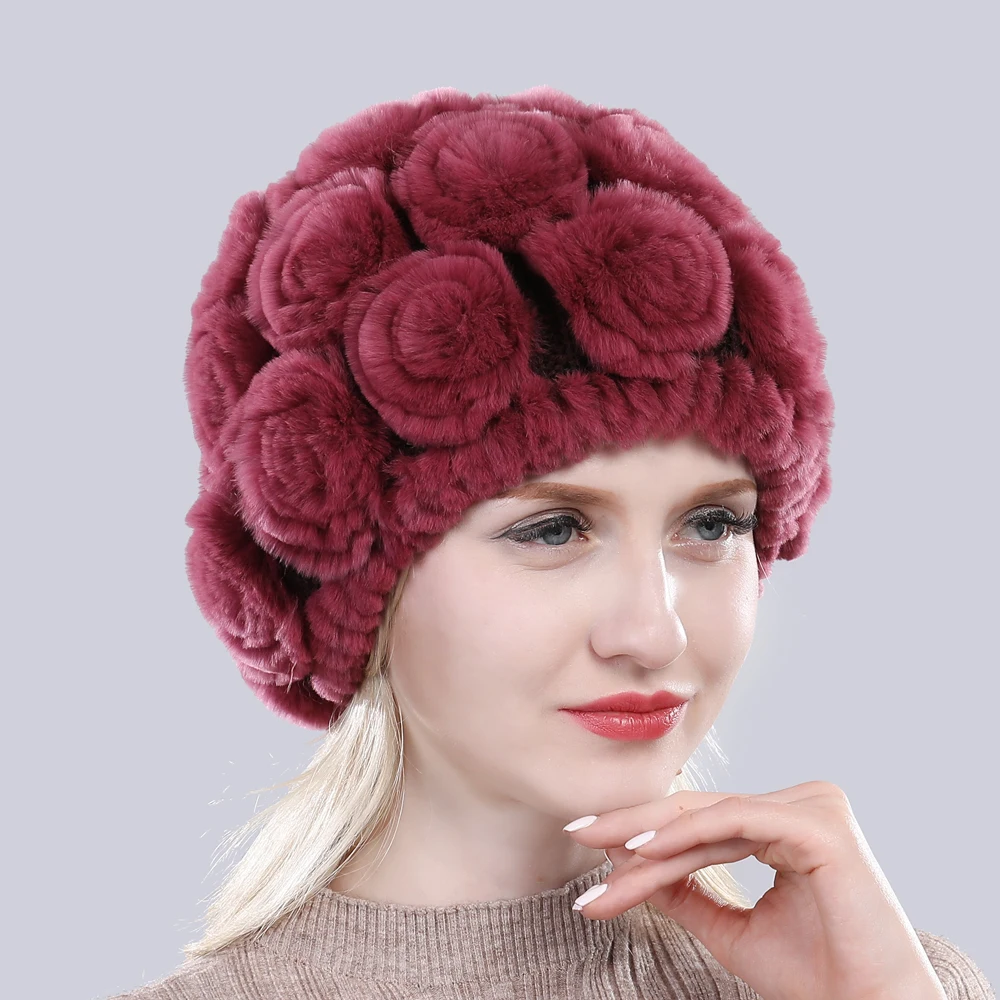 2021 Зимний цветочный 100% из меха кролика меховые шапочки шапки российские женские