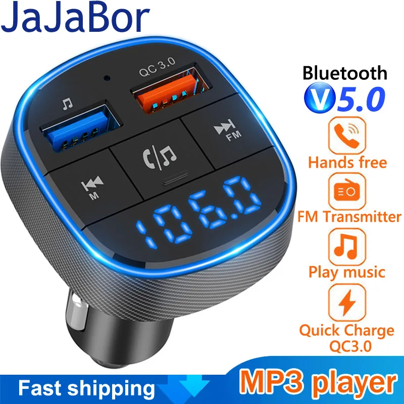 

JaJaBor FM Transmitter Voice Assistant QC3.0 Fast Charging Dual USB Charger Handsfree Bluetooth-compatible Car Kit FM Modulator