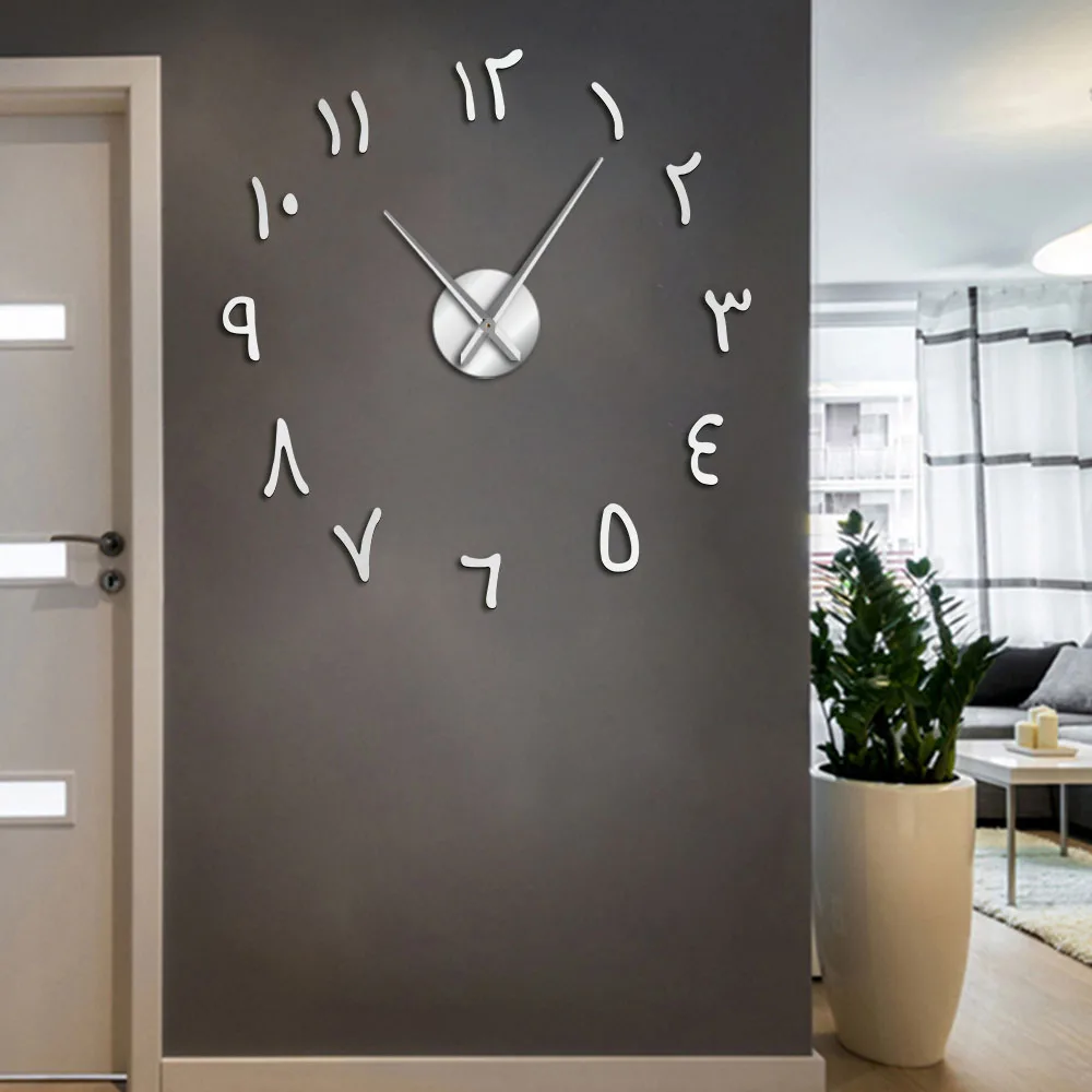 

Arabic Numerals DIY Giant Wall Clock Arabic Numbers Acrylic Mirror Effect Stickers Frameless Large Silent Wall Watch Home Decor