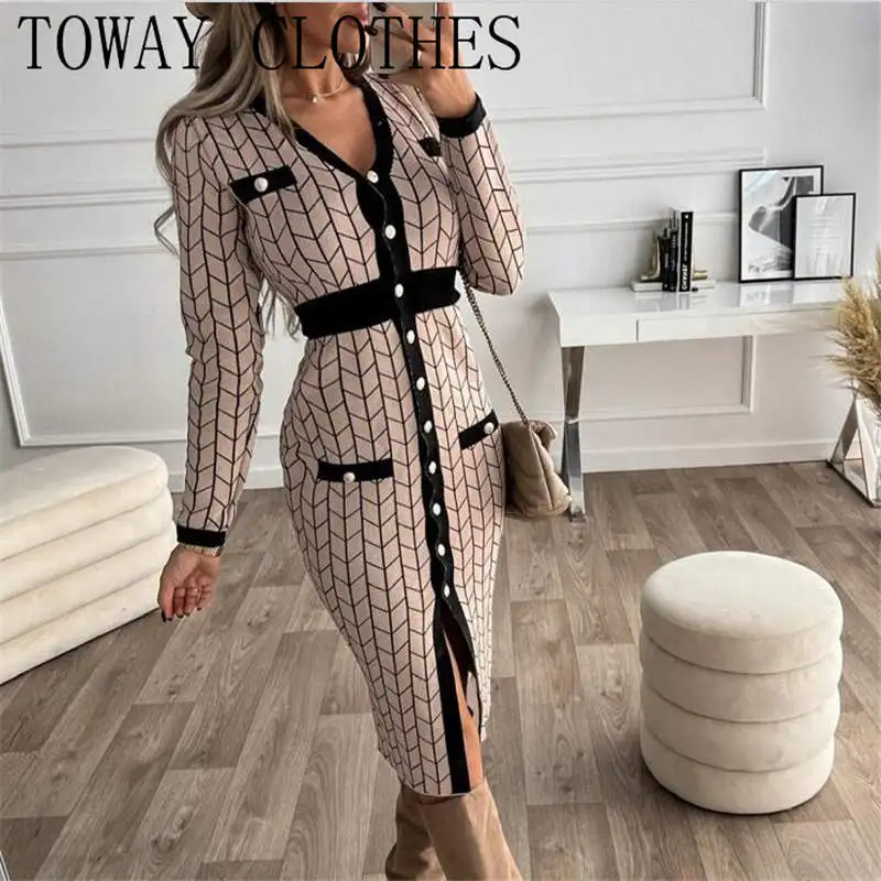 Geo Print Tweed Button Front Knit Work Dress Vestidos Elegantes Para Mujerl Midi Dress
Geo Print Tweed Button Front Knit Work Dress Vestidos Elegantes Para Mujerl Midi Dress