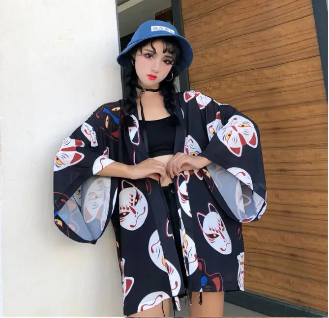 Summer Women Japanese Cardigan Kimono Harajuku Half Sleeve V-neck Blouses Tops Cute Cat Print Coat Loose Black Chiffon Shirts B
Summer Women Japanese Cardigan Kimono Harajuku Half Sleeve V-neck Blouses Tops Cute Cat Print Coat Loose Black Chiffon Shirts B