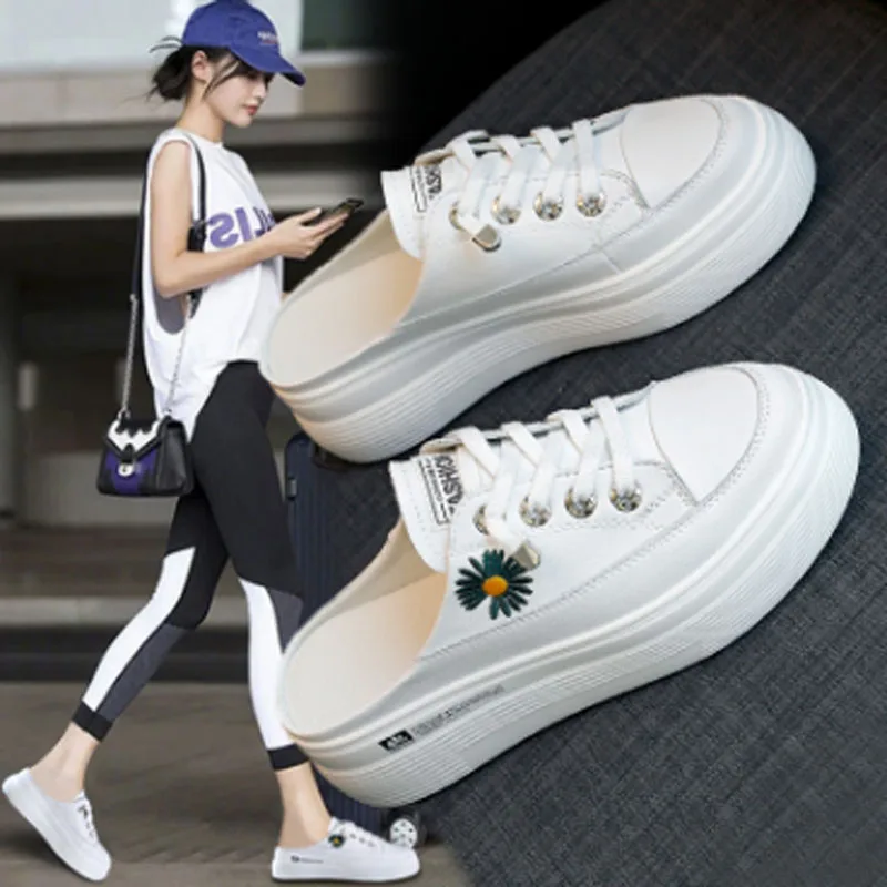 Sandals women leather slippers women small white shoes women sports shoes women thick soled slippers women lazy half shoes
