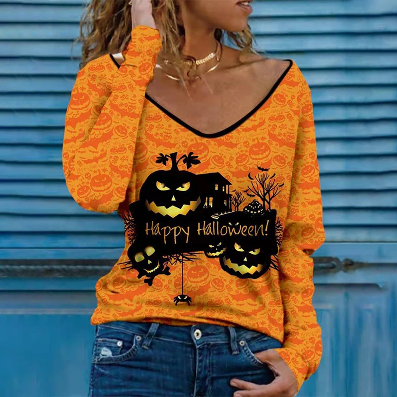Autumn Halloween T-shirt Women V Neck Long Sleeve Pumpkin Print Casual Tops Pullovers Loose Tee Shirt for Woman Fall 2021
Autumn Halloween T-shirt Women V Neck Long Sleeve Pumpkin Print Casual Tops Pullovers Loose Tee Shirt for Woman Fall 2021