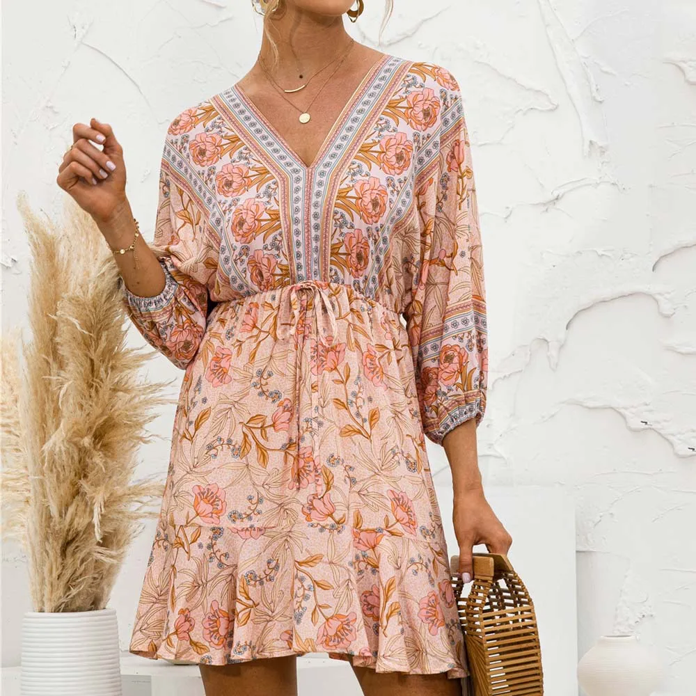 Ethnic V Neck Floral Print Boho Dress Women Summer Sashes Lace Up Three Quarter Casual Folk-custom Beach Holiday Mini Dresses
Ethnic V Neck Floral Print Boho Dress Women Summer Sashes Lace Up Three Quarter Casual Folk-custom Beach Holiday Mini Dresses