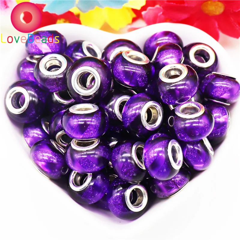 

10Pcs Lot New Mixed Color Resin Glitter Muranos Large Hole Rondelle Spacer Beads for Women Jewelry Making Fit Pandora Bracelet