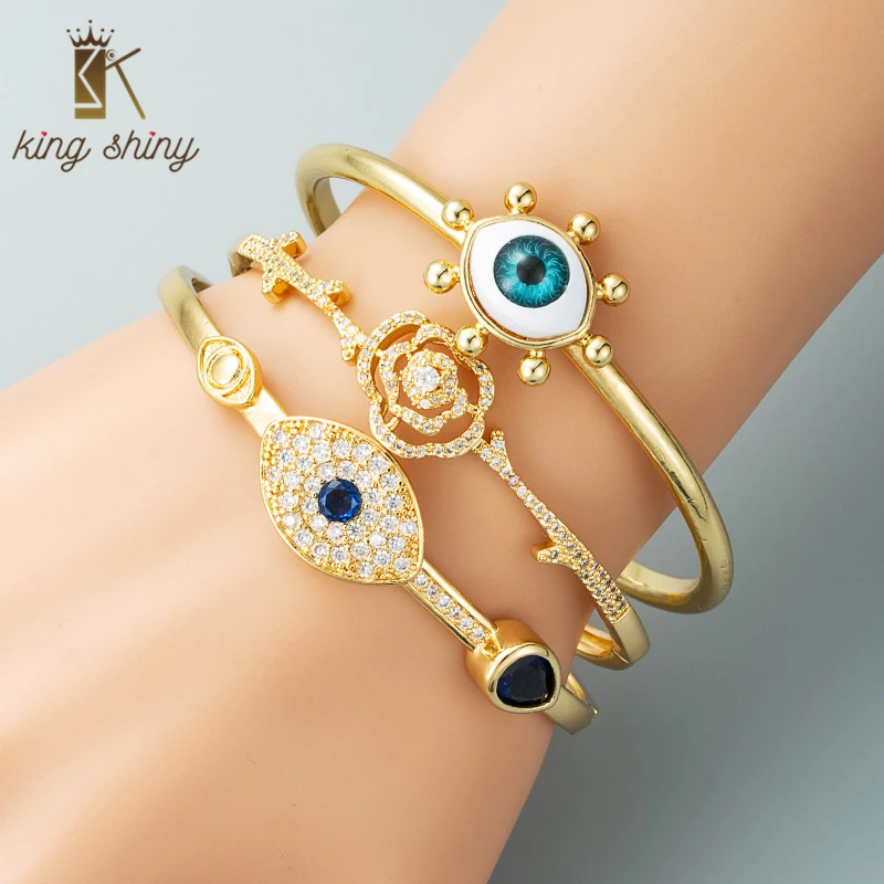 King Shiny Chic Evil Eye Copper Cuff Bangle for Woman Trendy Gold Plated Micro Cubic Zirconia Flower Adjustable Bangle Bracelet
King Shiny Chic Evil Eye Copper Cuff Bangle for Woman Trendy Gold Plated Micro Cubic Zirconia Flower Adjustable Bangle Bracelet