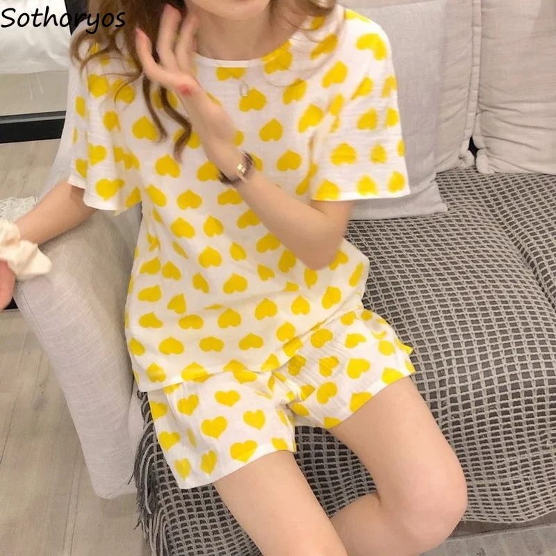 Women Pajama Sets Printed O-neck Short Sleeve Tops and Shorts Daily Loose Korean Style Sweet Students Casual Sleepwear Nightwear
Women Pajama Sets Printed O-neck Short Sleeve Tops and Shorts Daily Loose Korean Style Sweet Students Casual Sleepwear Nightwear