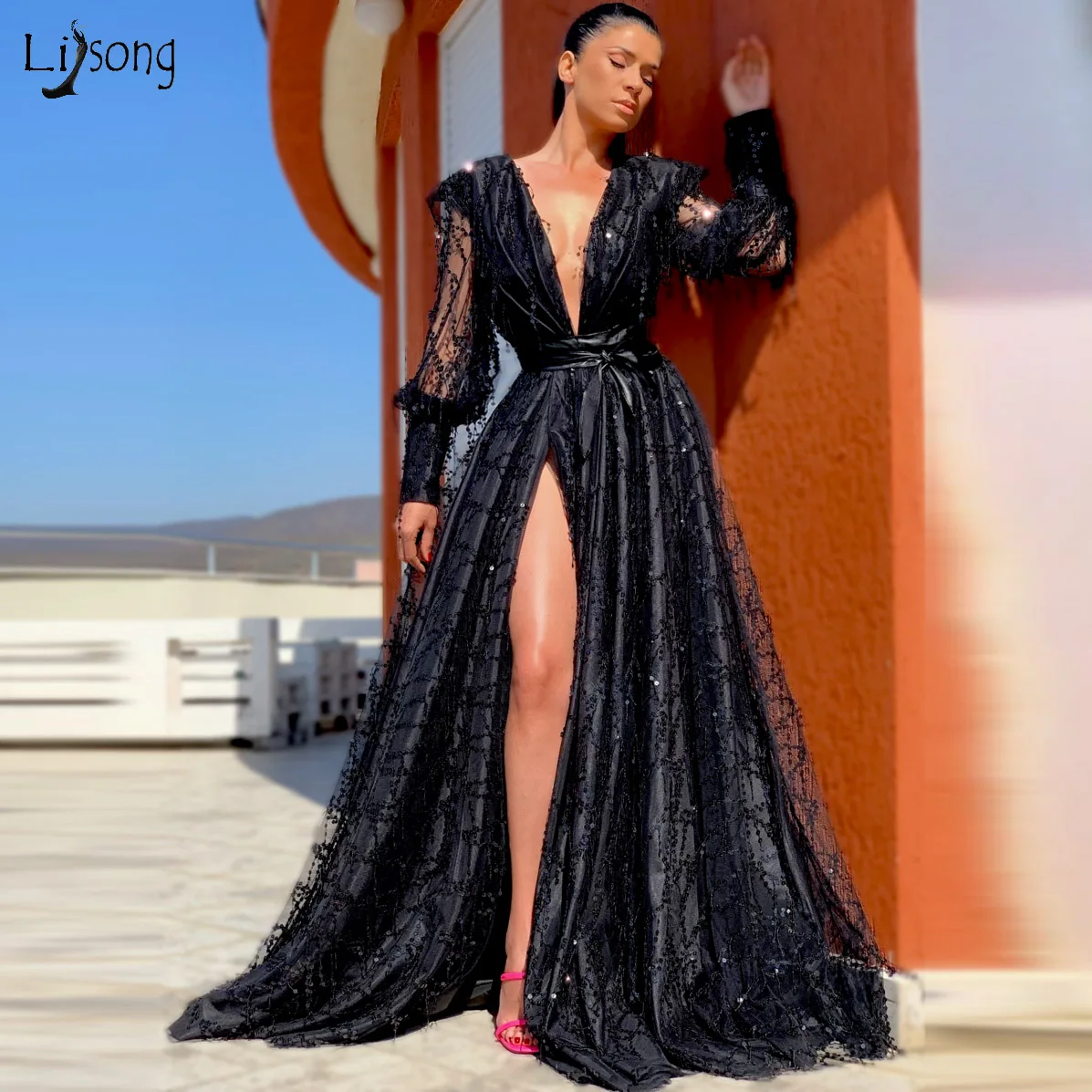 Fashion Black Sequined Lace Long Evening Dresses Deep V-neck High Side Split Evening Gowns See Thru Full Sleeves Party Dress
Fashion Black Sequined Lace Long Evening Dresses Deep V-neck High Side Split Evening Gowns See Thru Full Sleeves Party Dress