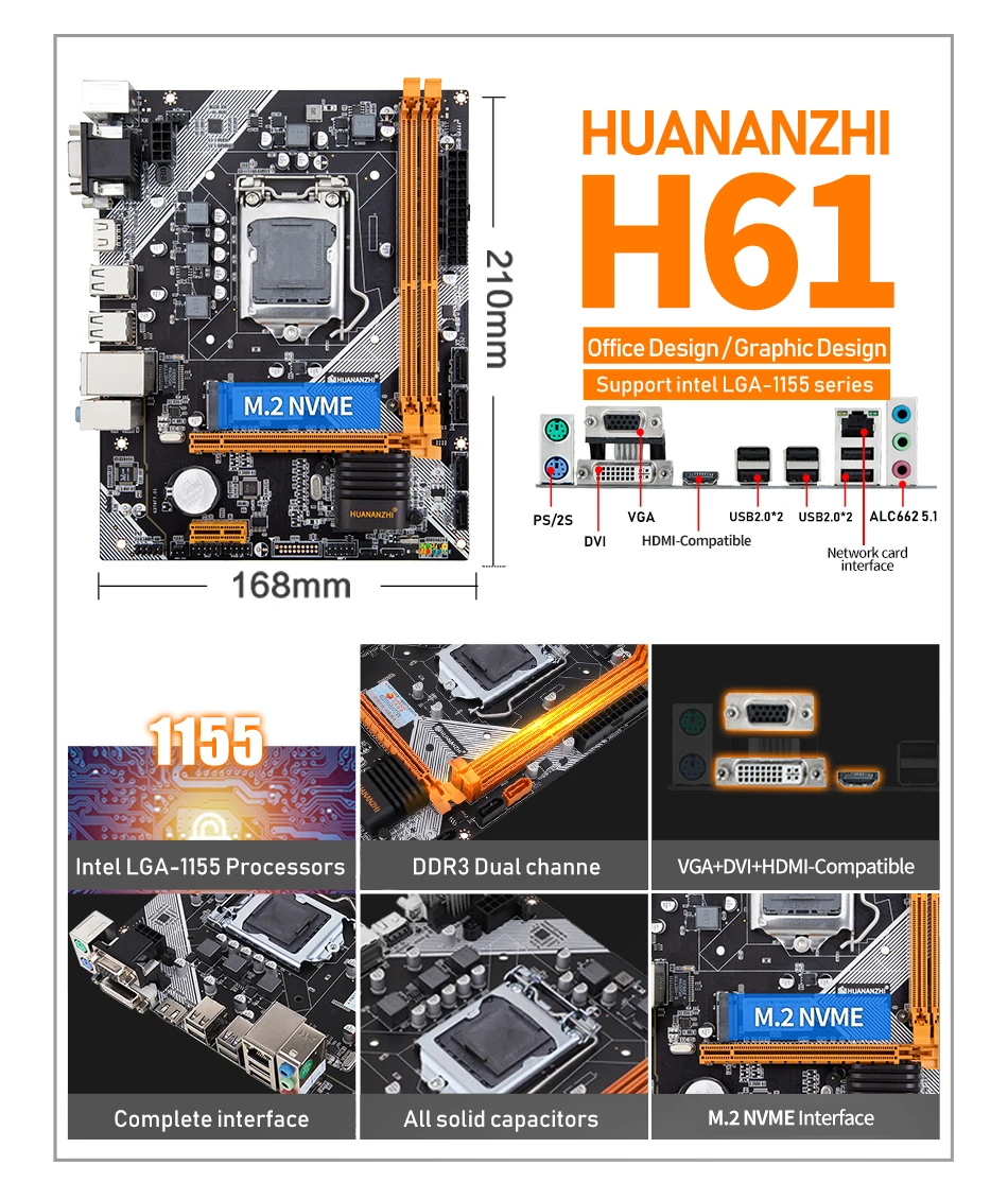 HUANANZHI H61 Motherboard M-ATX For Intel LGA 1155 Support i3 i5 i7 DDR3 Desktop Ram SATA2.0 USB2.0 M.2 VGA HDMI And PCIE 16X
HUANANZHI H61 Motherboard M-ATX For Intel LGA 1155 Support i3 i5 i7 DDR3 Desktop Ram SATA2.0 USB2.0 M.2 VGA HDMI And PCIE 16X
