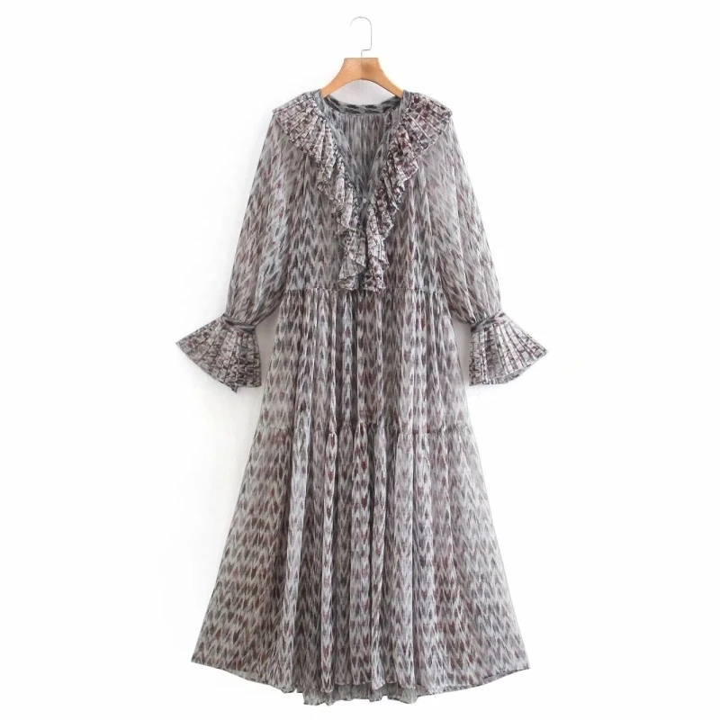 Spring Women V Neck Cascading Ruffle Pressed Pleat Chiffon Printed Dress Female Long Sleeve Clothes Lady Loose Vestido D7296
Spring Women V Neck Cascading Ruffle Pressed Pleat Chiffon Printed Dress Female Long Sleeve Clothes Lady Loose Vestido D7296