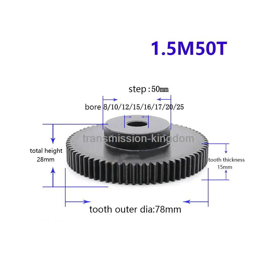 1PCS 1.5 Modulus 45# Steel Spur Gear With Step Metal Motor Pinion Gear 50 Teeth-80 Teeth 
1PCS 1.5 Modulus 45# Steel Spur Gear With Step Metal Motor Pinion Gear 50 Teeth-80 Teeth