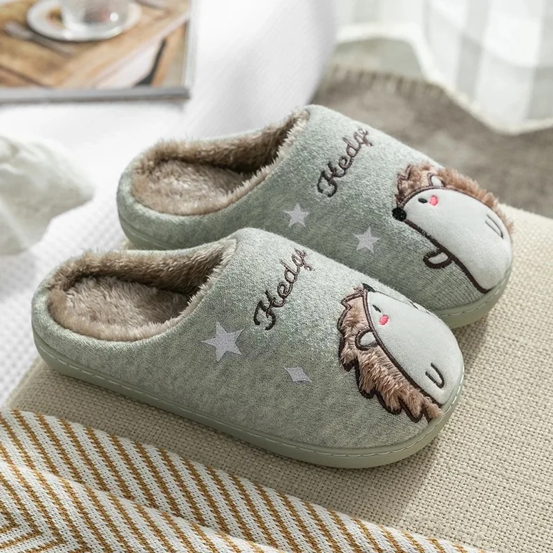 

Women Home Cotton Slippers Winter Cozy Warm Indoor Soft Bottom Floor Shoes Cartoon Hedgehog Silent Fur Slippers For Man Unisex