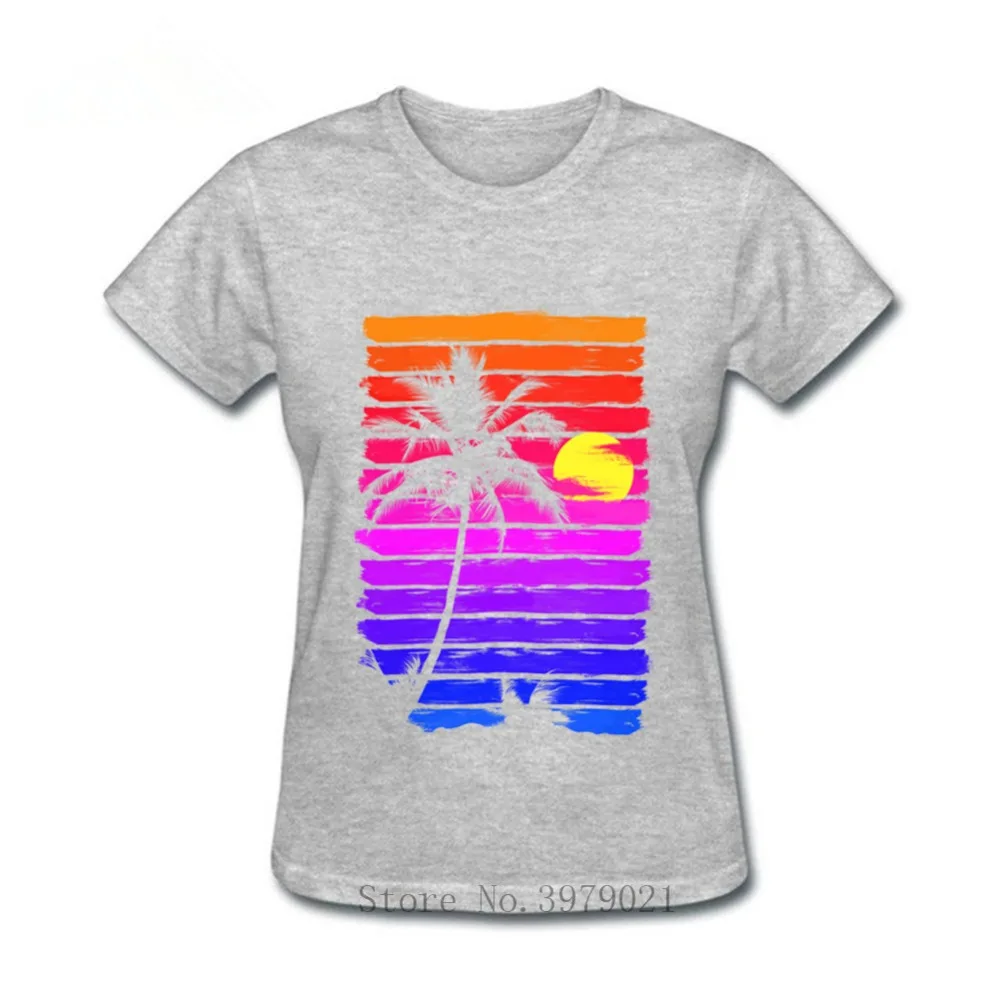 Женская футболка из чистого хлопка Ретро в стиле 80-х С закатом и силуэтом пальмы