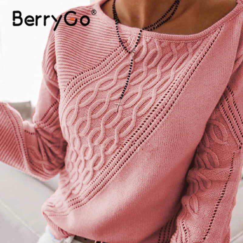 BerryGo Office lady hollow out women knitted sweater autumn Casual off shoulder pullovers white pink Fashion solid loose jumper
BerryGo Office lady hollow out women knitted sweater autumn Casual off shoulder pullovers white pink Fashion solid loose jumper