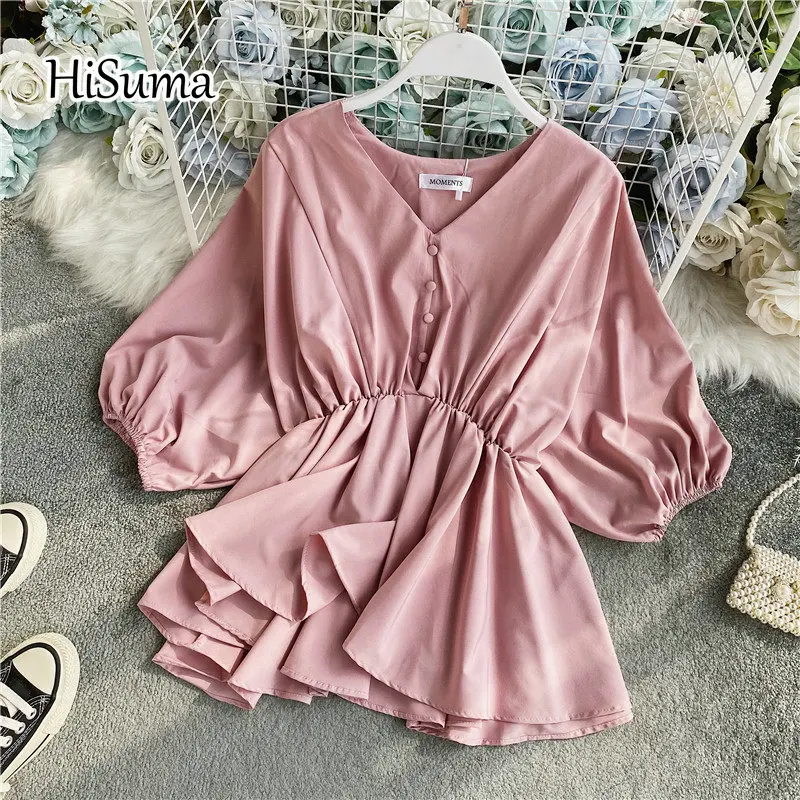 HISUMA 2021 summer new female V collar single buttons bat sleeve ruffles chiffon shirts women V-neck elegant blouses chic shirt
HISUMA 2021 summer new female V collar single buttons bat sleeve ruffles chiffon shirts women V-neck elegant blouses chic shirt