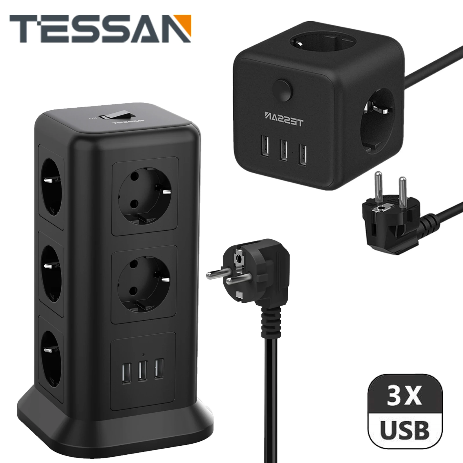 TESSAN Black Vertical Power Strip with Switch 11 AC Outlets, 3 USB Ports and 2M/6.5ft Extension Cord, with Overload Protection
TESSAN Black Vertical Power Strip with Switch 11 AC Outlets, 3 USB Ports and 2M/6.5ft Extension Cord, with Overload Protection