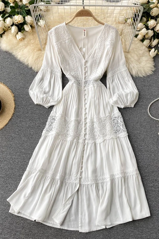 Women's Elegant White V Neck Long Dress Spring Autumn Lantern Sleeve Single Breasted Casual Holiday Dress Ladies Elegant Vestido
Women's Elegant White V Neck Long Dress Spring Autumn Lantern Sleeve Single Breasted Casual Holiday Dress Ladies Elegant Vestido