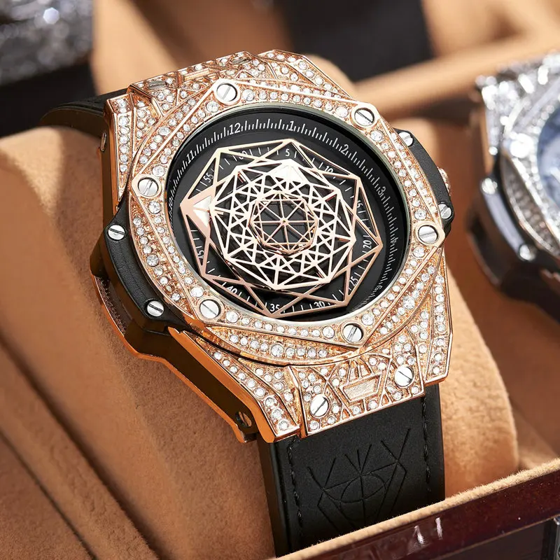 Top Luxury Brand Watch for Men Big Diamond Leather Analog fashion gold Watches Quartz Wristwatch Relogio Masculino | Наручные часы