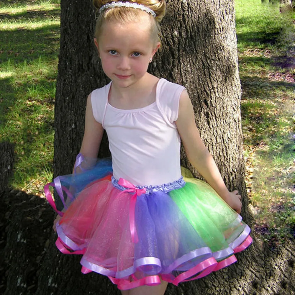 

5PCS Girls Rainbow Ribbon Lined Tutu Skirts Kids 3Layer Tulle Pettiskirts Ballet Underskirts Tutus with Bow Children Party Skirt