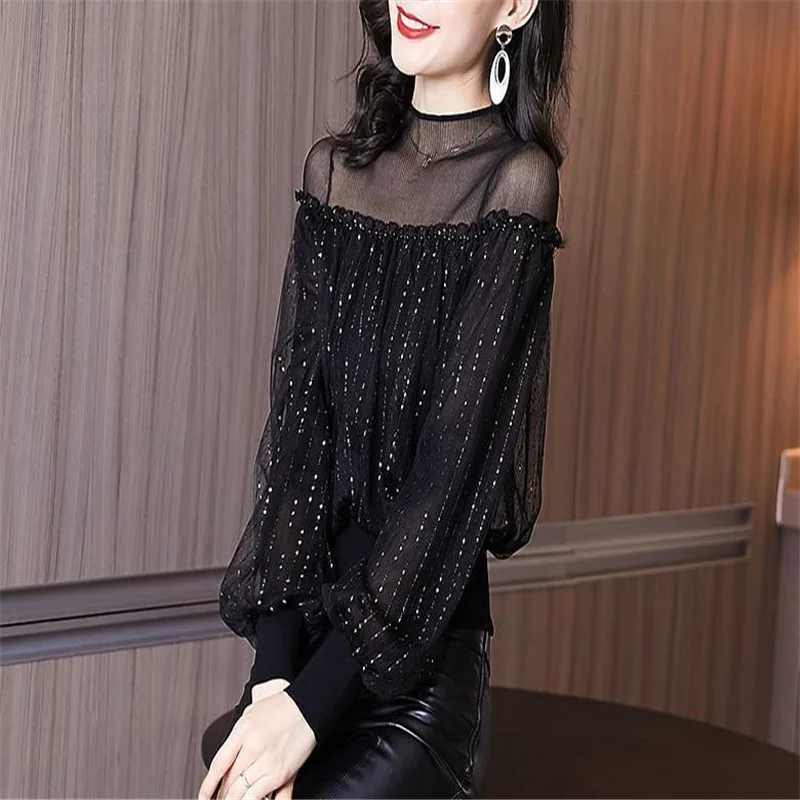 Women Spring Western Half High Collar Wooden Ear Shirt Lady Mesh Patchwork Lantern Sleeve Tops Female Plus Size Lace Blouse
Women Spring Western Half High Collar Wooden Ear Shirt Lady Mesh Patchwork Lantern Sleeve Tops Female Plus Size Lace Blouse