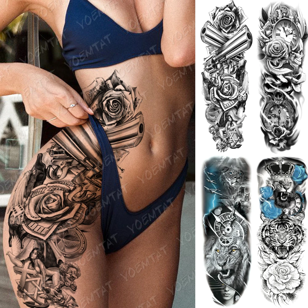Large Arm Sleeve Tattoo Gun Rose Lion Waterproof Temporary Tatto Sticker Clock Flower Waist Leg Body Art Full Fake Tatoo Women
Large Arm Sleeve Tattoo Gun Rose Lion Waterproof Temporary Tatto Sticker Clock Flower Waist Leg Body Art Full Fake Tatoo Women