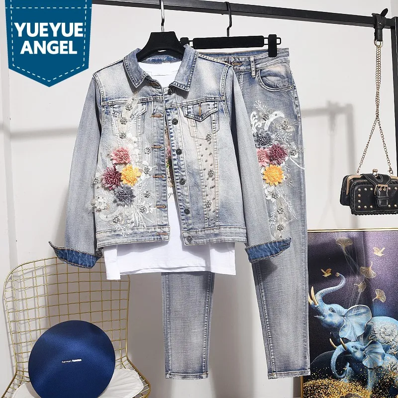Lady Beading Embroidery Denim Suits Lapel Single-Breasted Jacket Jeans Appliques Two-Piece Sets Women Spring Autumn Streetwear
Lady Beading Embroidery Denim Suits Lapel Single-Breasted Jacket Jeans Appliques Two-Piece Sets Women Spring Autumn Streetwear