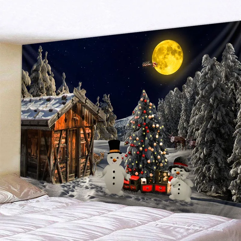 

Christmas Tapestry Forest Snowman Christmas Tree Santa Claus Warm Home Decoration Polyester Thin Christmas Wall Cloth