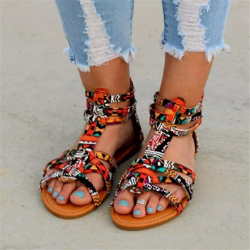 

Bohemian Women Flat Shoes Ethnic Strappy Embroidered Shoes Summer Women Beach Sandals Gladiator Roman Flat Peep Toe Sandalias