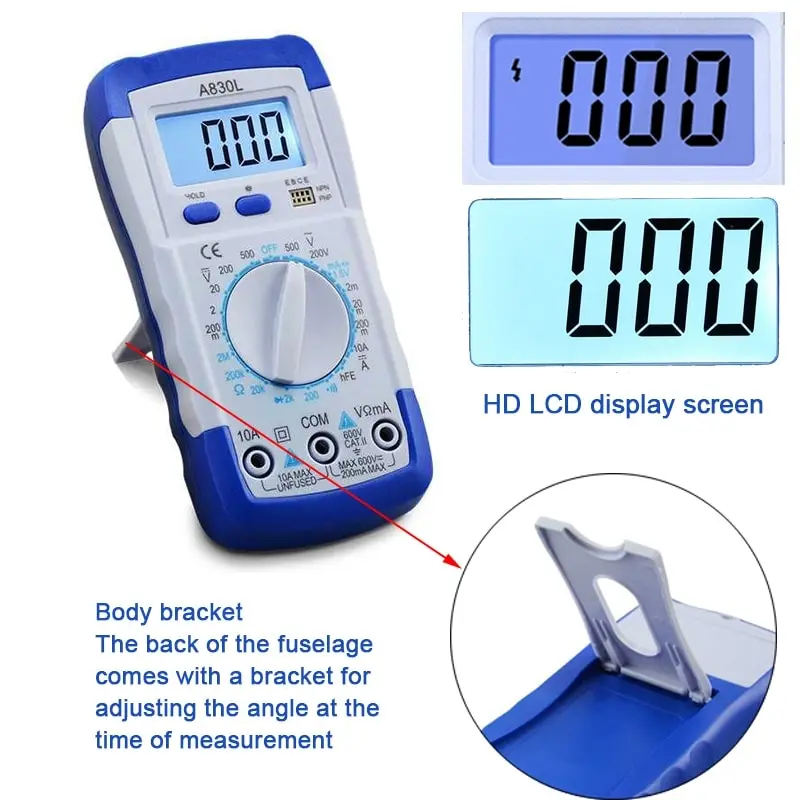 A830L LCD Digital Multimeter DC Voltage Diode Freguency Multitester Current Tester Luminous Display with Buzzer
A830L LCD Digital Multimeter DC Voltage Diode Freguency Multitester Current Tester Luminous Display with Buzzer