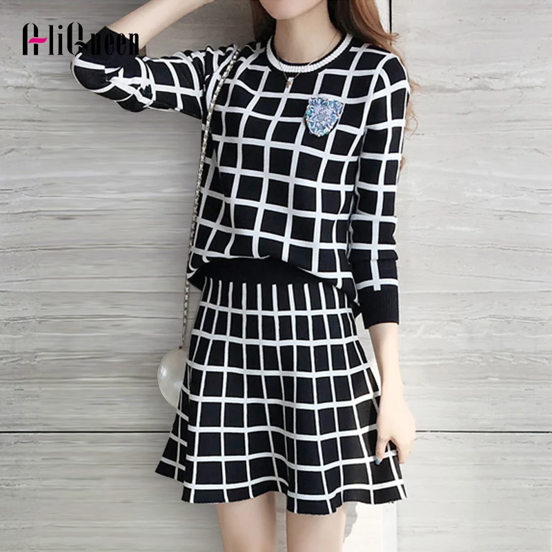2 Piece Set Women Plaid Long Sleeve Casual Sweater Skirt Suits Black Knitted Pullover Sweater + Mini Skirt Sets Autumn 2019
2 Piece Set Women Plaid Long Sleeve Casual Sweater Skirt Suits Black Knitted Pullover Sweater + Mini Skirt Sets Autumn 2019