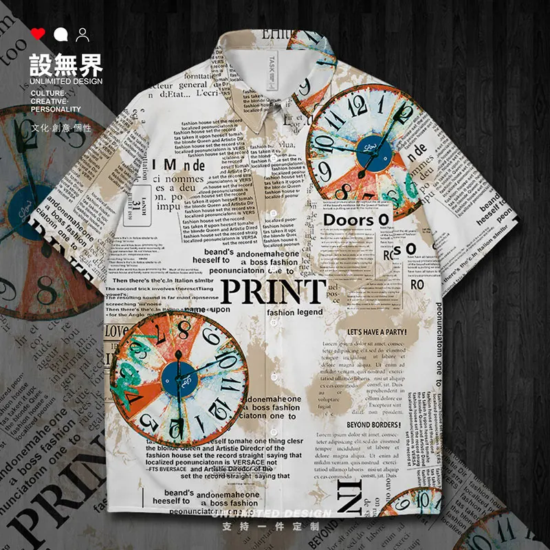 

European and American retro posters old newspapers Short-Sleeved shirt Shirts trends Beach Hawaiian Shirt Print Clothes Summer