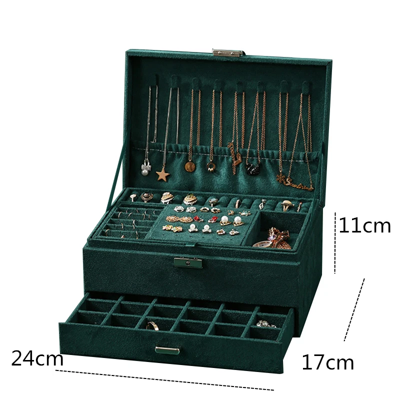 

WE New Green Flannel Stud Jewelry Organizer 3-layers Large Ring Necklace Makeup Cases Velvet Jewelry Box with Lock for Women