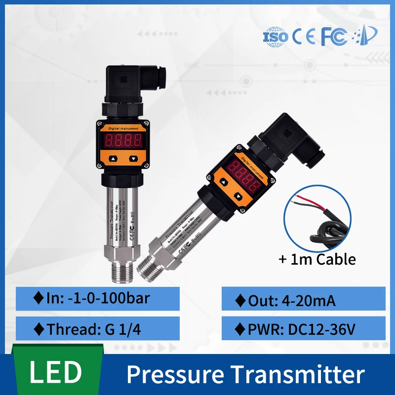 LED 4-20mA Output Pressure Transmitter G1/4 Connector With 1m Cable -1-0-1000bar Water Tank Oil Gas Pressure Measurment
LED 4-20mA Output Pressure Transmitter G1/4 Connector With 1m Cable -1-0-1000bar Water Tank Oil Gas Pressure Measurment