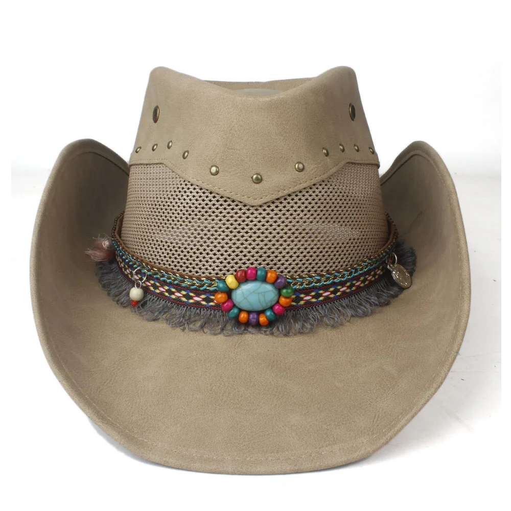 Летняя 100% кожаная женская сетчатая ковбойская шляпа в западном стиле с ролловыми полями уличная мужская из