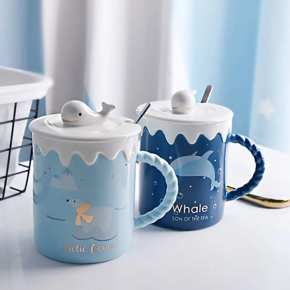 

400ml Cute Whale Polar Bear Mug Ceramic Mug with Lid Spoon Coffee Cup Milk Cup Cute Girl Breakfast Cup Creative Gift