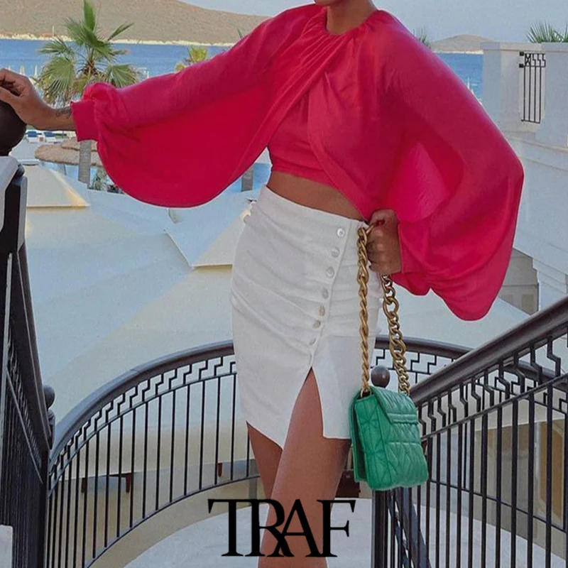 Women Summer Puff Sleeve Top Female Rose Red Crop Top Za 2021 Fashion Ruched Elastic Button Back Pleated Elegant Blouses
Women Summer Puff Sleeve Top Female Rose Red Crop Top Za 2021 Fashion Ruched Elastic Button Back Pleated Elegant Blouses